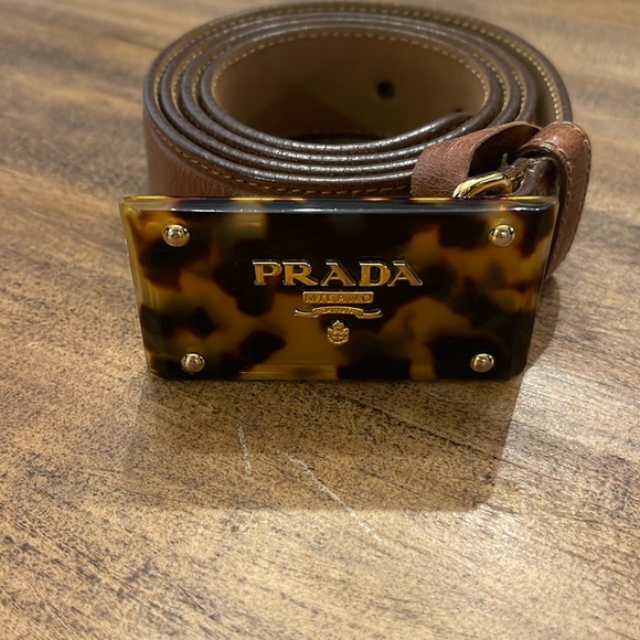 AUTHENTIC BROWN LEATHER PRADA BELT WITH TORTOISE SHELL BUCKLE - Picture 1 of 6